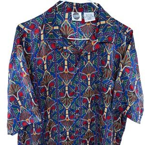 Reckless 100% Silk Button Up Shirt Medium Mens Colorful Crazy Pattern Blue Red